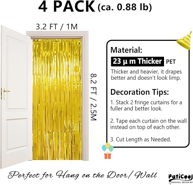 Christmas Decorations Gold Streamers Thicken 4 Pack 3.2 x 8.2 FT - Golden Tinsel Foil Fringe Backdrop Curtains Party Backdrop for Birthday, Prom, Hollywood, Anniversary Party Decorations