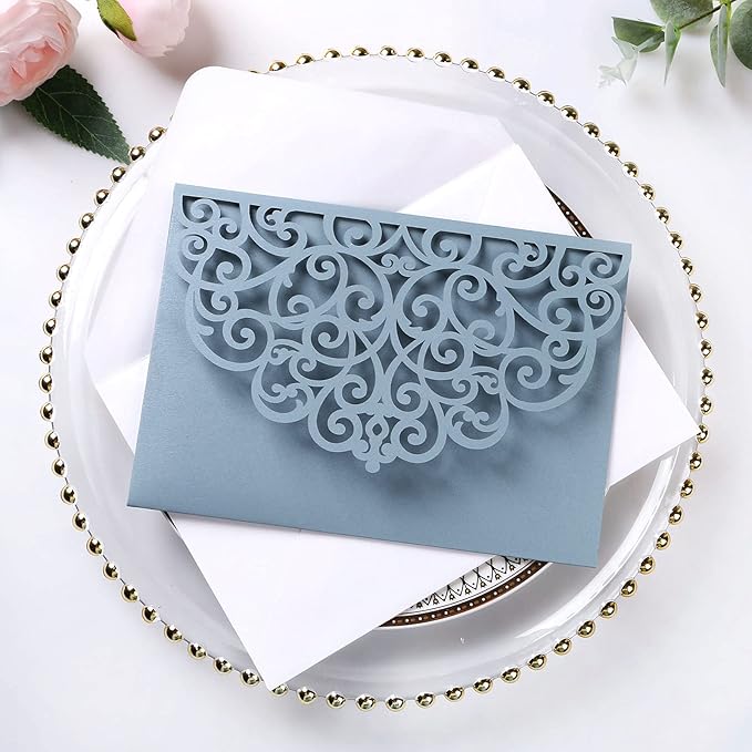 PONATIA 5.12 x 7.2 Dusty Blue Laser Cut Invitation Pocket, 20PCS Tri-Fold 5 x 7 Laser Cut Wedding Invitation Pockets with Envelopes for Wedding Bbay Shower Birthday Sweet 16 Invite (No Inner Sheet)