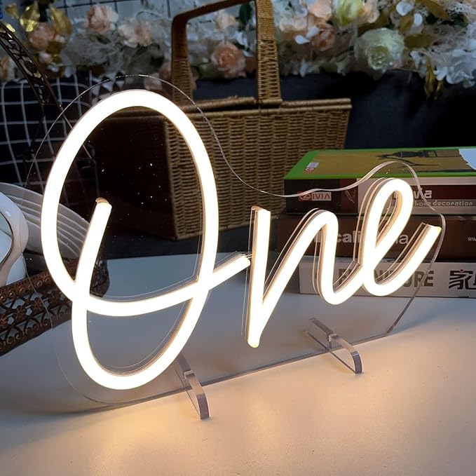 One Year Old Birthday Table Number Neon Sign Desk Lamp Night Light Wedding Letter LED Neon Sign Wedding Table Decorations Neon Light Bedroom Home Room Decor Christmas Party Warm White USB 28.8×19.6CM