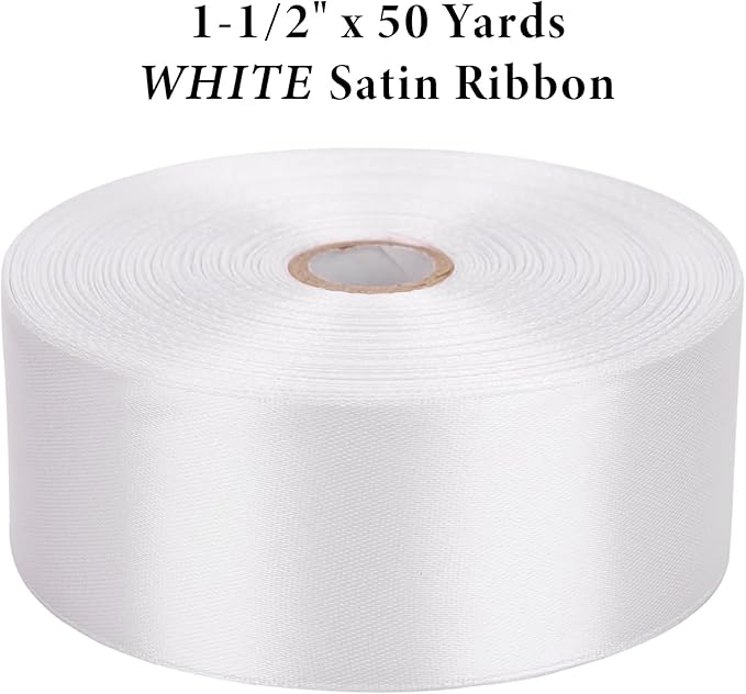 1-1/2 Inch White Satin Ribbon 50 Yards Solid Fabric Ribbons for Gift Wrapping, Crafts, Floral Arrangements, Wedding, Party, Holiday and Home Decor