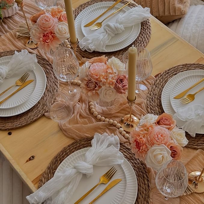 6 Pack Champagne Cheesecloth Table Runners Fall Thanksgiving Cheese Cloth Table Runner 10FT Boho Sheer Gauze Runner 35x120 Inches Long for Bridal Shower Wedding Baby Shower Party Decor