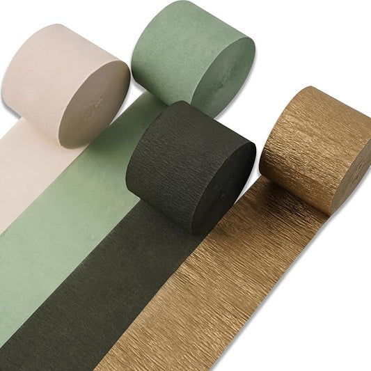 PartyWoo Sage Green Crepe Paper Streamers 4 Rolls 328 ft Pack of Hunter Sage Green Gold Sand White Crepe Paper for Jungle Safari Graduation Birthday Party Decorations (1.8 Inch x 82 Ft/Roll)