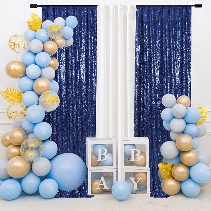 SquarePie Sequin Backdrop Curtain 2FT x 8FT Navy Blue 2pcs Curtain Background for Wedding Party