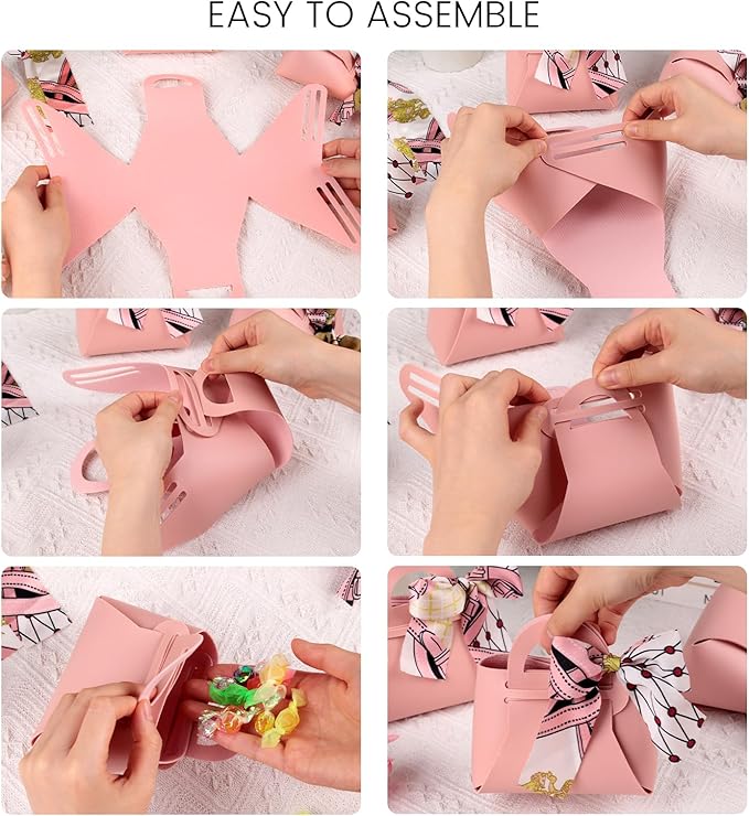 VGOODALL Small Gift Boxes with Bow Handle, Party Favor Boxes, 10 Pack, Pink, PU Leather for Wedding, Baby Shower, Birthday