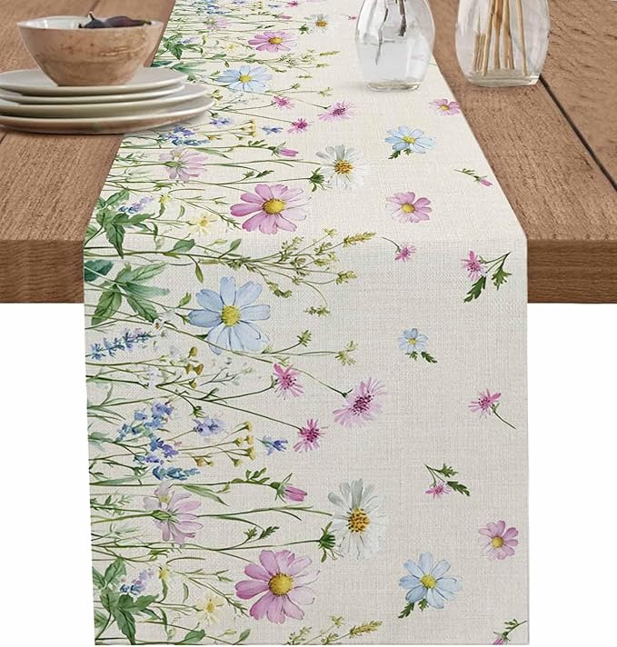 Vintage Wildflowers Cotton Linen Table Runner for Dining Kitchen, Wedding Outdoor Party Tablerunners Decoration, Farm Floral Pink Botanical Plants Dresser Scarf Coffee Tablecloth Runners 13x60 Inches
