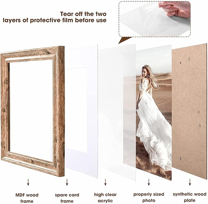 TWING 8x10 Picture Frame Set of 6, Vintage Walnut Photo Frames Display Pictures 5x7 with Mat or 8X10 Without Mat, Tabletop Display and Wall Mounting Home Decorative Photo Frames Pre-Installed, Walnut