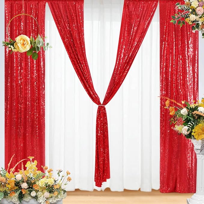 Eternal Beauty Red Sequin Backdrop Curtains, Valentine's Day Shimmer Back Drop 2Panels-3FTx7FT for Christmas, Party, Birthday, Photography, Wedding, Baby Shower Event Decoration