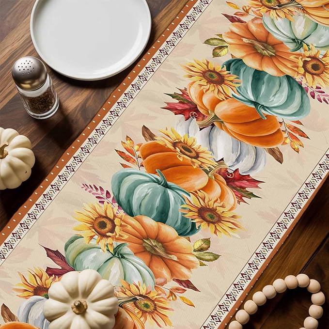 Fall Thanksgiving Southwest Cotton Linen Table Runner for Dining Kitchen, Orange Pumpkins Wedding Outdoor Party Rustic Tablerunners Decoration, Sunflower Dresser Scarf Tablecloth Runners 13x90 Inches