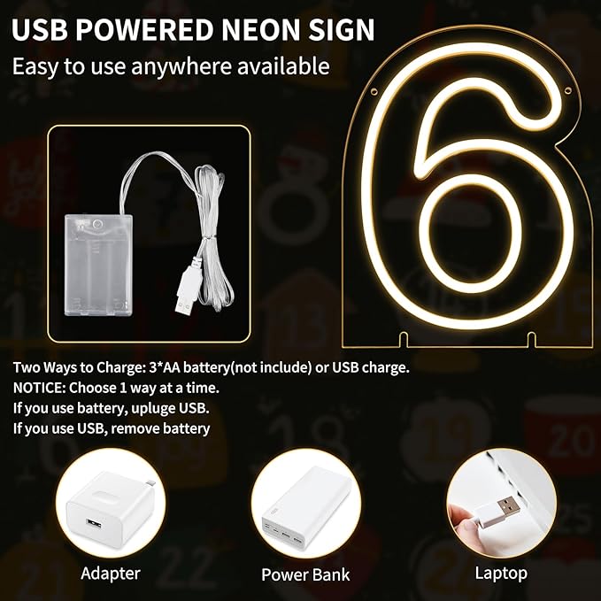 Number 6 LED Neon Sign Backdrop Birthday Party Decoration, 11.3" 11.3" Height Warm White Marquee Six Numbers Light Up Sign for Wedding Anniversary Window Wall Table, Indoor Battery Operated or USB