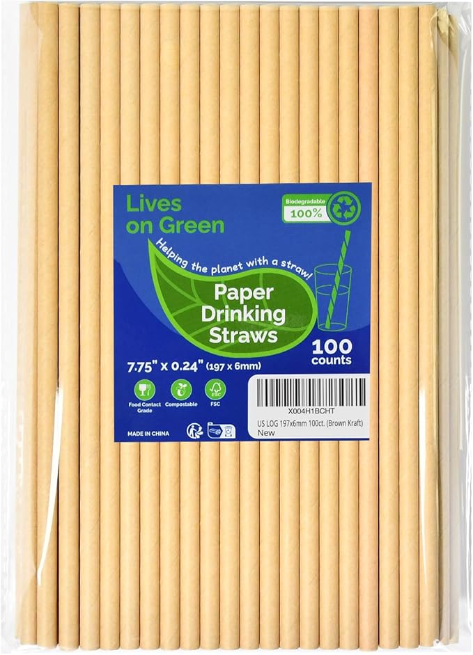 Brown Kraft Paper Straws for Drinking 7.75" x 0.24" - 100 Counts, for Bar, Restaurant, Food Supply, Catering
