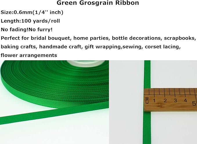 Jesep One Roll 100 Yards 1/4" Soild Grosgrain Ribbon Boutique Gift Wrapping Package Ribbon, DIY Crafts Bow Hair Headband Accessories Assorted Ribbon#553 (1/4" 6mm, Green)