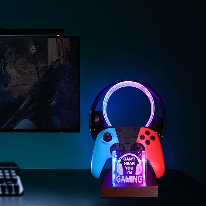 YuanDian Gamer Gifts for Teenage Boy, Can't Hear You I'm Gaming Headset and Controller Stand, Acrylic Wooden Controller Holder with Blue Pink LED Night Light, Desk Decor Gift