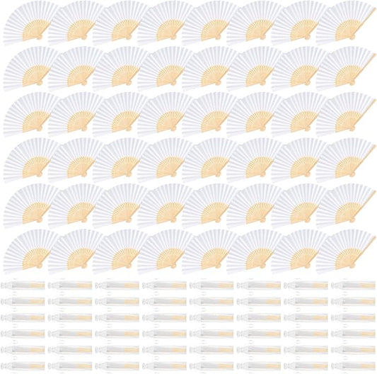 48 Pieces White Hand Held Bamboo Folding Fans Paper Fans Handheld for Women Foldable Girls Wedding Decoration Church Home Party Favors Summer