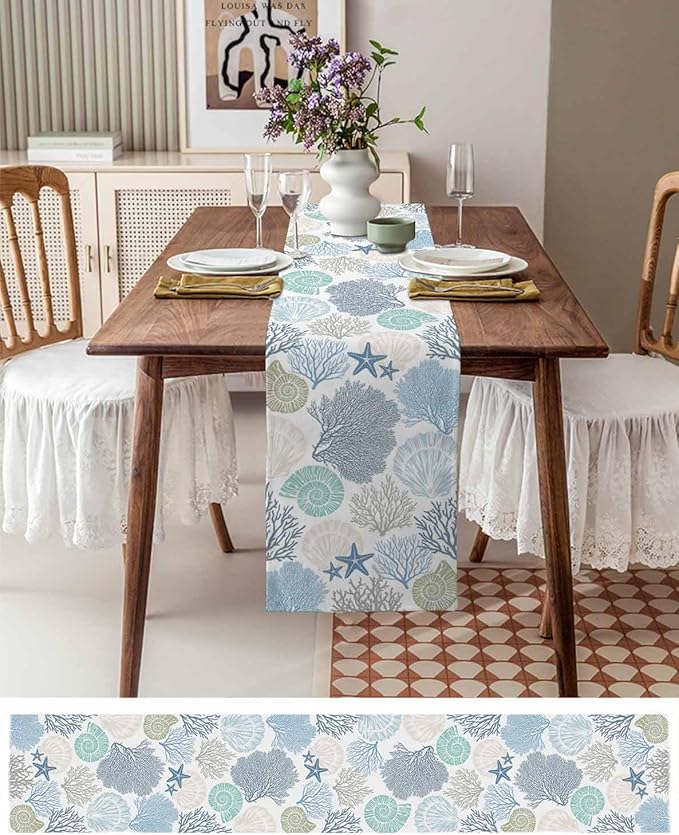 Coastal Coral Cotton Linen Table Runner for Dining Kitchen, Wedding Outdoor Party Tablerunners Decoration, Blue Nautical Starfish Ocean Shell Beach Dresser Scarf Coffee Tablecloth Runners 13x90 Inches