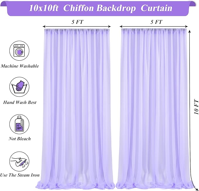 10x10ft Lavender Chiffon Backdrop Curtain with Lights for Wedding Baby Shower, Light Purple Curtain Backdrop with Lights for Birthday Party Gender Reveal Photo Shoot (5 x 10ft,2 Panels)