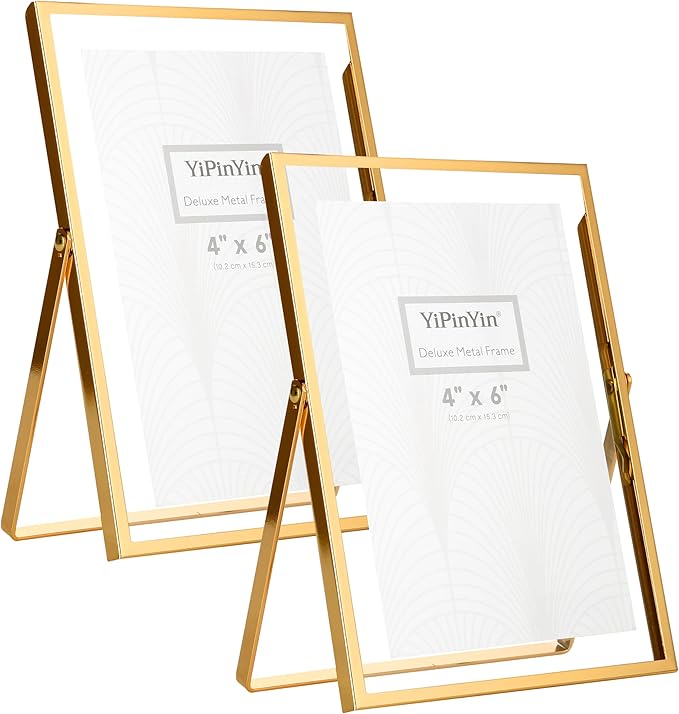 Gold 5x7'' Floating Frame Set of 2, For Photo Sizes 3.5x5'', 4x6'', 5x7'', Luxury Modern Gold Metal Frames for Tabletop/Shelf, Wedding, Birthday, Home or Office Decoration
