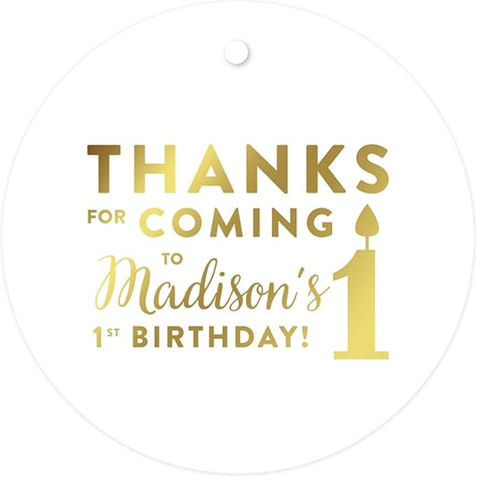 Andaz Press Personalized Round Circle Birthday Gift Tags, Metallic Gold Ink, Thanks for Coming to My 1st Birthday, 24-Pack, Custom Made Name