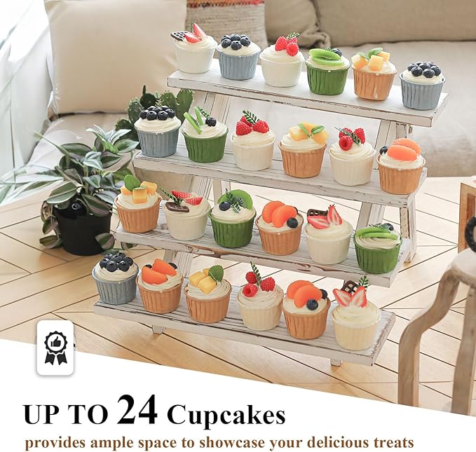 SwallowLiving Wooden Rustic Cupcake Stand for 24 Cupcakes, Stepped Wood Display Stand for Weddings, Tiered Party Table Display Riser for Food , Dessert, Cookie, Decor, Craft Show, White