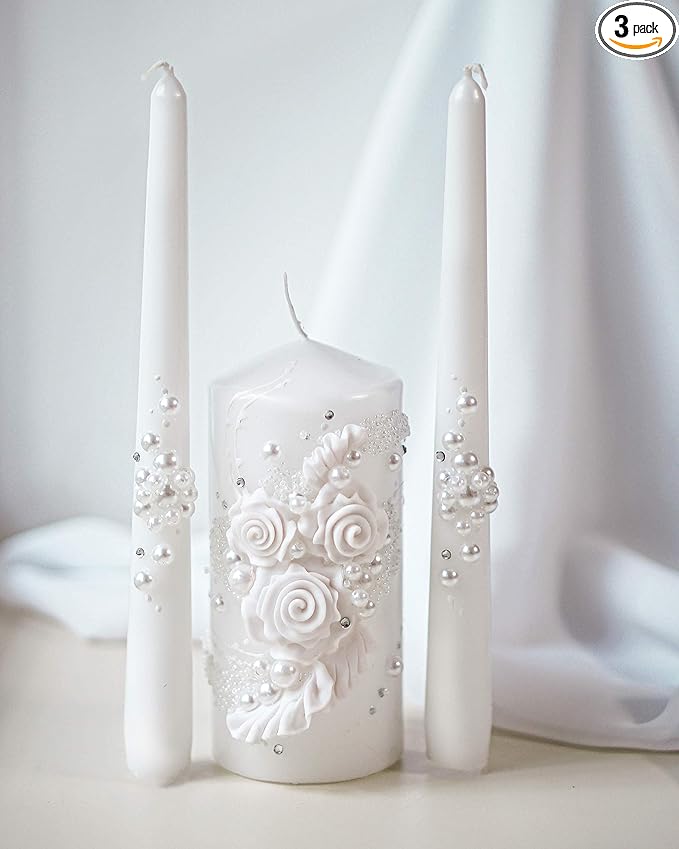 Unity Candle Set - Wedding Ceremony & Reception – 6” Pillar & Two 10” Taper Candles – Long Burning Unity Candles for Marriage Ritual – Handmade in USA – White|Florals|Classic