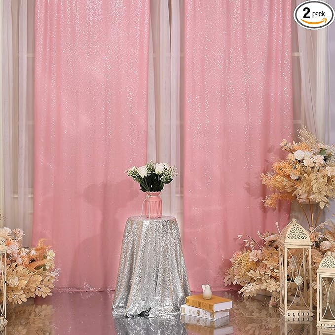 Poise3EHome 2Pcs 3Ft x 8Ft Pink Sequin Backdrop Curtain, Glitter Photography Background, Sequence Xmas Thanksgiving Backdrop for Wedding Party Holiday Festival Decor