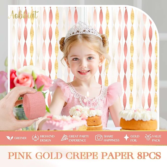 AOBKIAT Wedding Party Decorations, 8 Rolls Pink Gold Crepe Paper Streamers for Wedding, Bachelorette, Birthday, Baby Bridal Shower, Valentines Day Party Backdrop Decorations, 82ft Long
