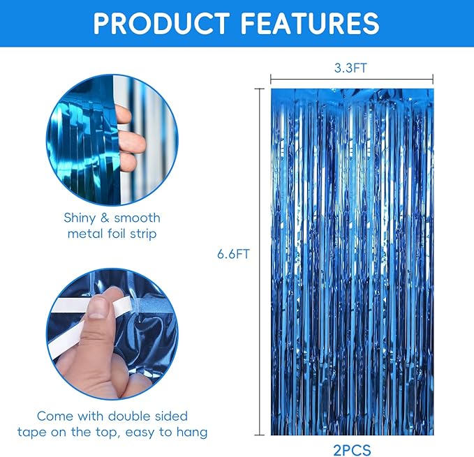 2 Pack Dark Blue Streamers Party Decorations Ocean Theme Sea Tinsel Backdrop Supplies Foil Curtain Backdrop for Baby Shower Birthday Bachelorette Wedding Engagement Halloween Party Decorations