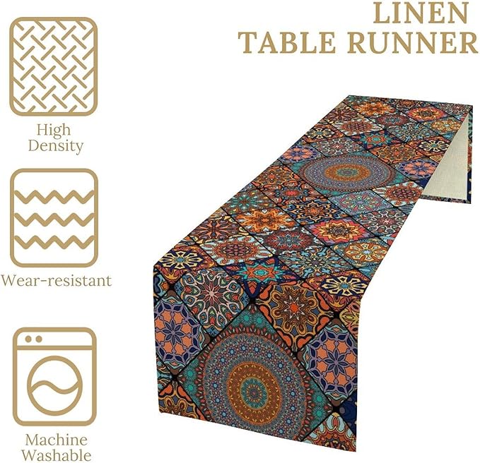 Bohemian Table Runner, Colorful Vintage Indian Mandala Floral Table Runners for Kitchen Dining Coffee Table Indoor Outdoor Party Decor, 13x120inch