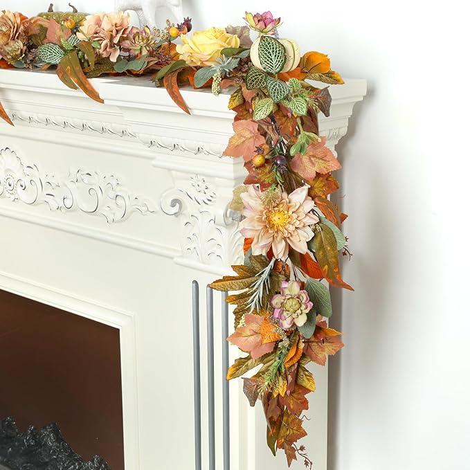 Fall Garland, 6 FT Pumpkin Garlands, Fall Leaves Garland for Table Centerpiece Door Window Fireplace Home Indoor Outdoor Fall Decorations