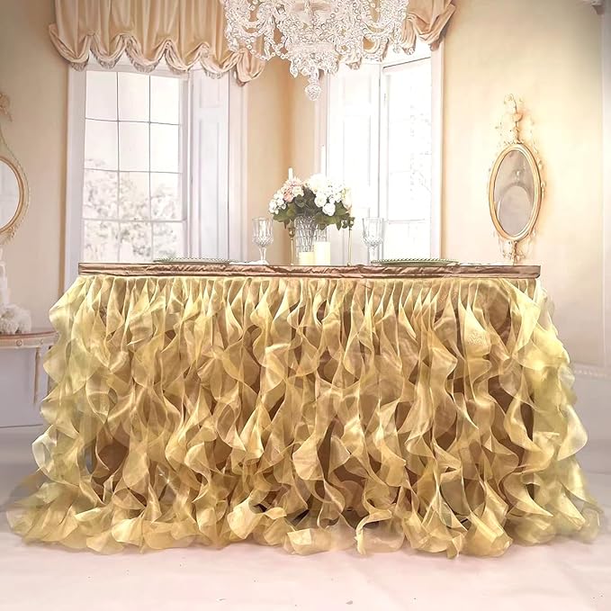 Luxury Organza Mesh Table Skirt Draping Floating Romance - Perfect for Bridal Showers, Birthday Weddings - Clear Flowing Decoration for a Wonderful Main Cake Table (Gold-6ft, 72" L×30" H)