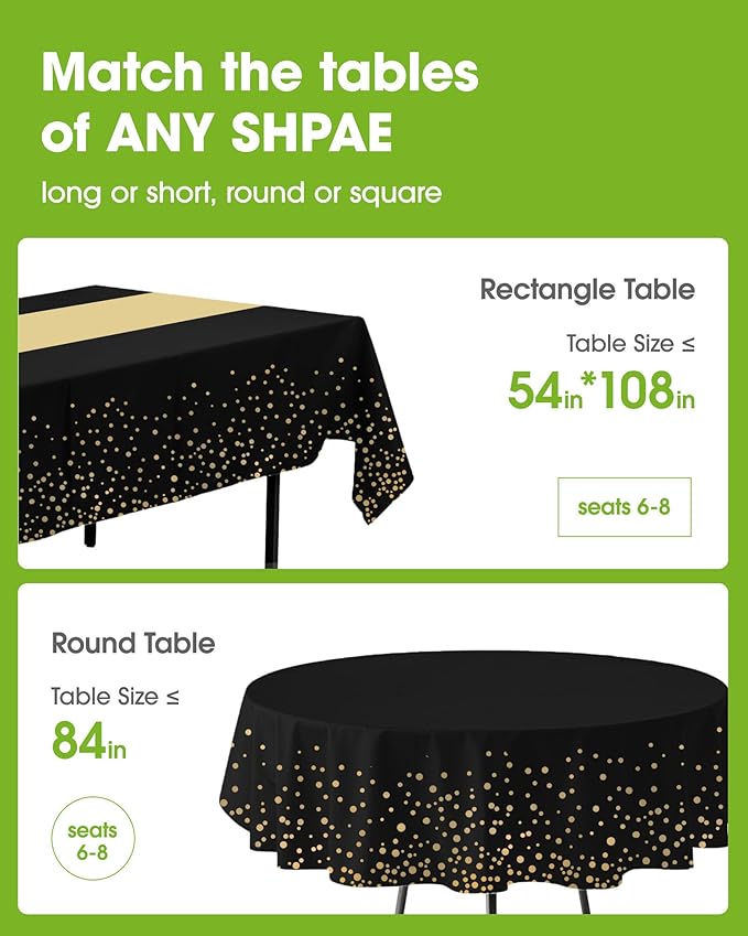 Pureegg Plastic Table Cloth Disposable 10 Pack, 54 x 108 Inch, Table Runner Style, Graduation Decorations 2025, Party Tablecloths, Rectangle, Plastic Cover, Leakproof & Sturdy, Black Gold