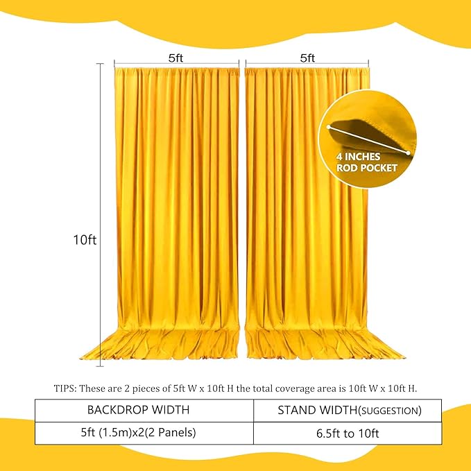 2 Panels Gold Yellow Backdrop Curtain, 10 x 10 Feet Background Curtains for Parties, Weddings, Baby Showers, Bachelorette Halloween, Christmas Birthday Party Photoshoot Backdrop Curtains Decorations