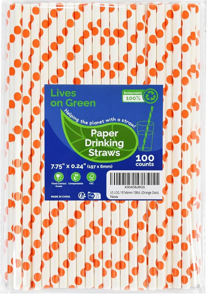 Orange Polka Dots Paper Drinking Straws 7.75 inch Disposable 100 Counts - for Drinks, Juice, Cocktail, Party, Bars, Restaurants