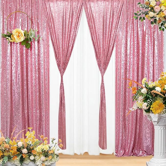 Eternal Beauty Fuchsia Pink Sequin Backdrop Curtains, Shimmer Back Drop 4Panels-2FTx8FT for Christmas, Party, Birthday, Photography, Wedding, Baby Shower Event Decoration