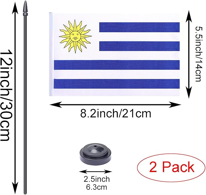 WXTWK 2 Pack Uruguay Flag Uruguay Deluxe Desk Flag Set - Mini Small Uruguayan Table Office Flags with Black 12" Solid Pole Stand Base Classroom Meeting Desktop Decorations