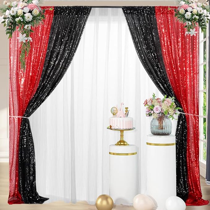 4 Panels Black&Red Sequin Backdrop Curtain 2FTx8FT Glitter Sequin Backdrop Curtains for Birthday Party Wedding Decoration