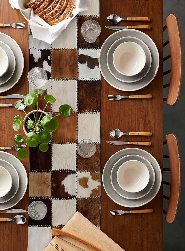 Abstract Cowhides Cotton Linen Table Runner for Dining Kitchen, Wedding Outdoor Party Tablerunners Decoration, Brown Beige Animal Fur Texture Dresser Scarf Coffee Tablecloth Runners 13x48 Inches