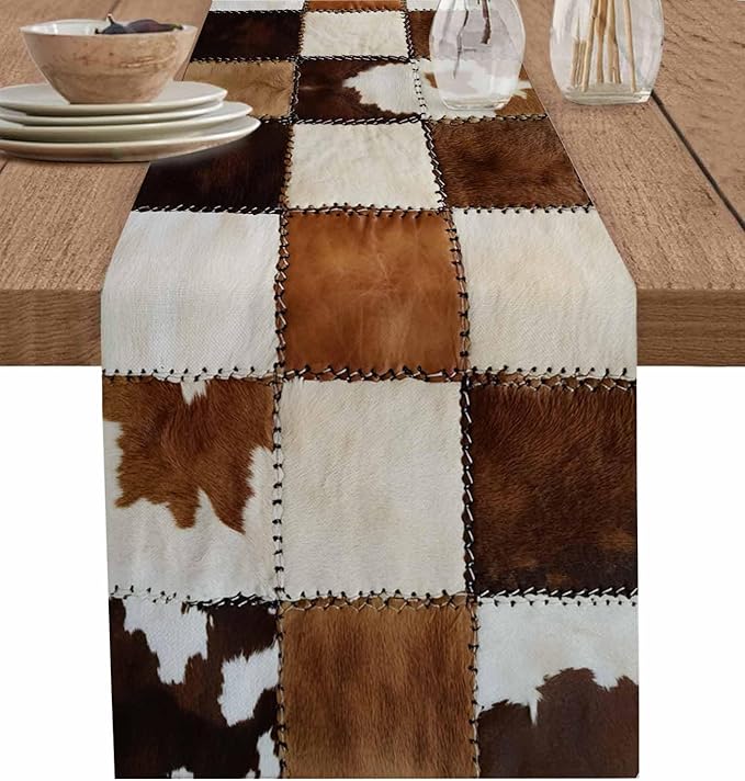 Abstract Cowhides Cotton Linen Table Runner for Dining Kitchen, Wedding Outdoor Party Tablerunners Decoration, Brown Beige Animal Fur Texture Dresser Scarf Coffee Tablecloth Runners 13x120 Inches