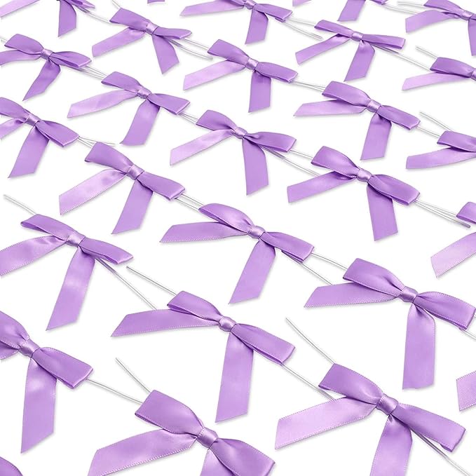 Bright Creations 100 Pack Purple Twist Tie Bows for Treat Bags, 3" Small Satin Ribbons for Craft Decoration, Gift Wrap, Themed Party Favors, Baked Goods - Purple Bow