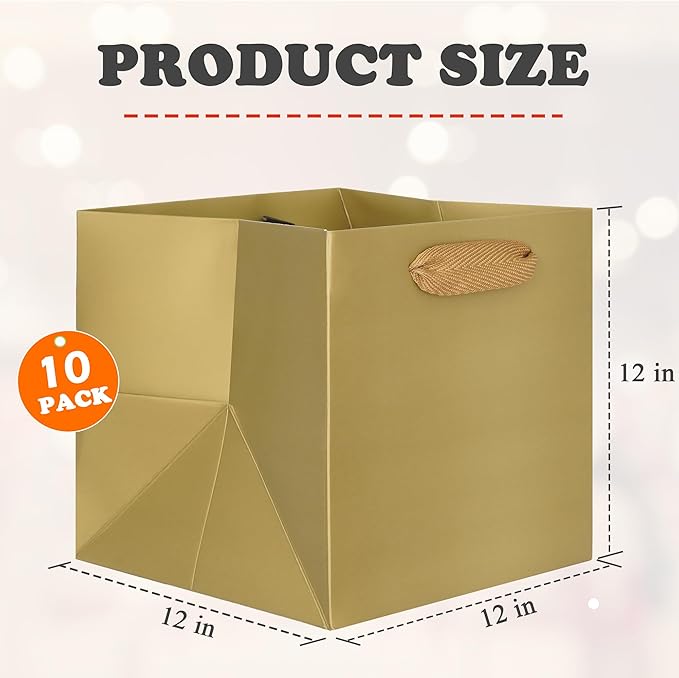 ADIDO EVA Gold Square Gift Bags Large Size Square Bottom Paper Bags with Handles for Party Favor, Shopping Bag (12x12x12 In, 10 CT)