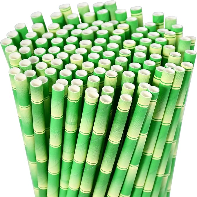 Paper Straws for Drinking Green Bamboo, 7.75" x 0.24" - for Cocktail, Juice, Iced Tea, 100% Biodegradable