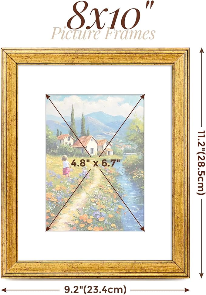 TWING 8x10 Gold Picture Frames Set of 6,Rustic Gold Frames Display Pictures 5x7 with Mat or 8x10 without Mat,Tabletop Display and Wall Mounting Collage Photo Frame Set for Wall Gallery