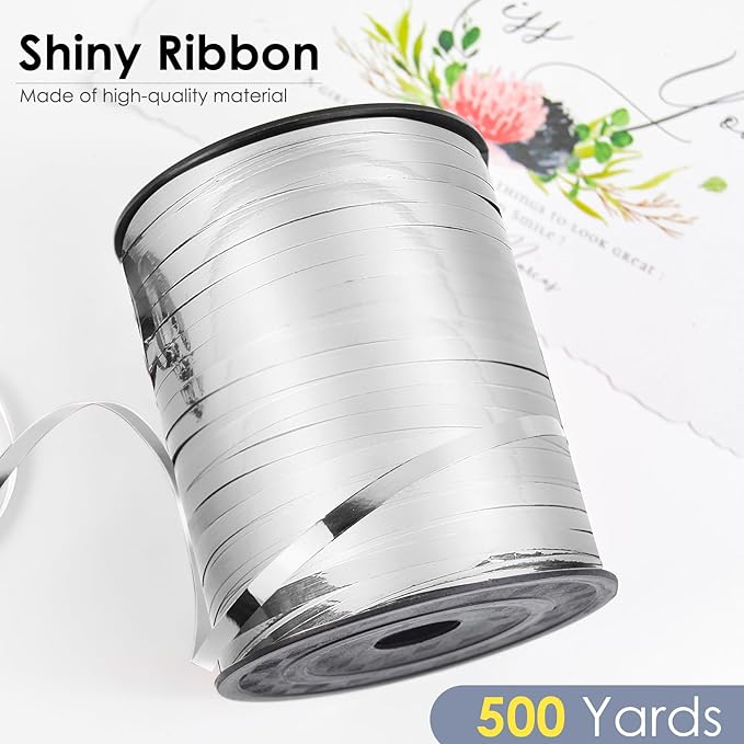 Silver Metallic Ribbon - 500 Yard Iridescent Crimped Ribbon for Crafts, Gift Wrapping, Balloons, Florist Flowers (1 Roll)