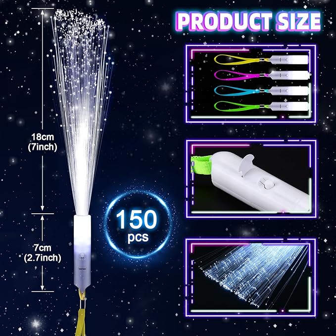 150 PCS White Fiber Optic Sticks, Glow Wands & Light Up Wands for Kids, Fiber Optic Wand with 3 Light Modes, Glow in The Dark Party Supplies, Wedding Party Supplies, for Wedding, New Year, Birthday