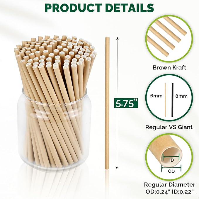 [500 Counts] Chunspak 5.75 inch Disposable Brown Kraft Short Paper Cocktail Straws & Stirring Straws - for Home, Bars and Restaurants