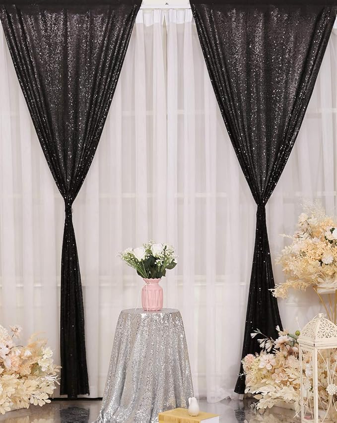 Poise3EHome Black Sequin Backdrop Curtain, 2 PCS 5FT x 10FT Sequin Backdrop Panels,Black Curtains for Photography Party Birthday Halloween Backdrop