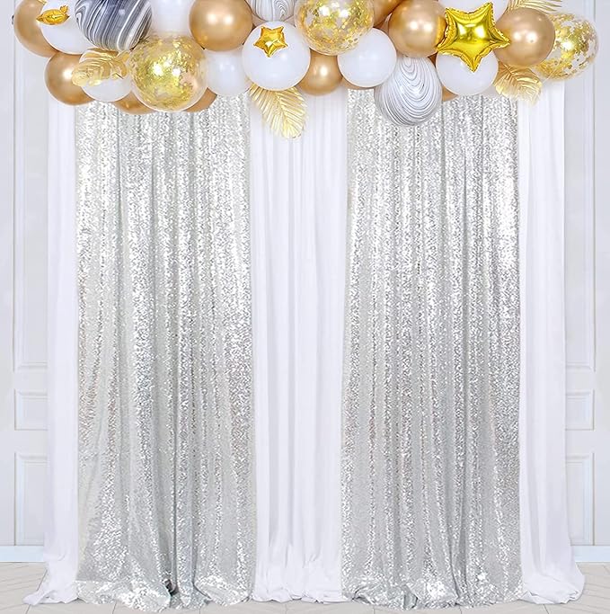 Poise3EHome Sequin Backdrop, 2 Pcs Silver 2ftx8ft Curtains for Party, Wedding, Event, Photography