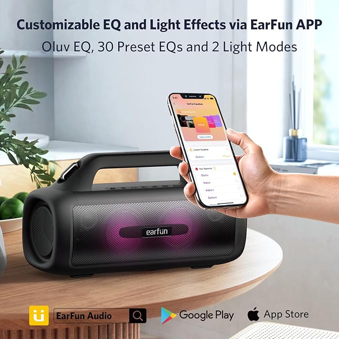 EarFun UBOOM X Portable Bluetooth Speaker, 80W Stereo with JumboBass, IP67 Waterproof Outdoor Speaker, RGB Light, 30H Playtime, Custom EQ, Bluetooth 5.3 Speakers for Outdoor, Camping, Beach