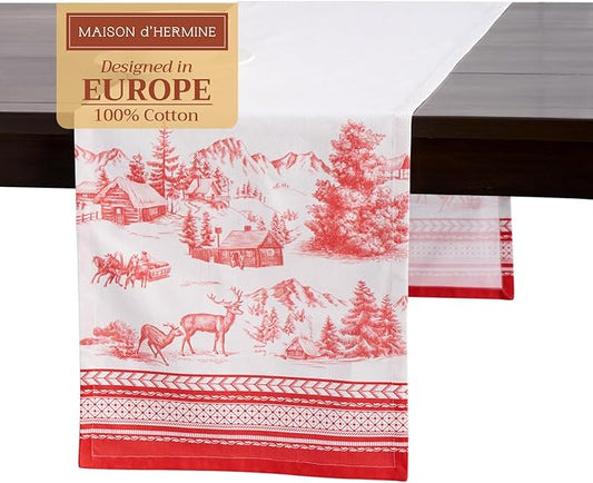 Maison d' Hermine Table Runner 100% Cotton Single Layer Table Runners 108 inches Long for Thanksgiving Christmas Decorations Home Kitchen Dining Party Wedding (Winter Jouy, 14.5" x 108")