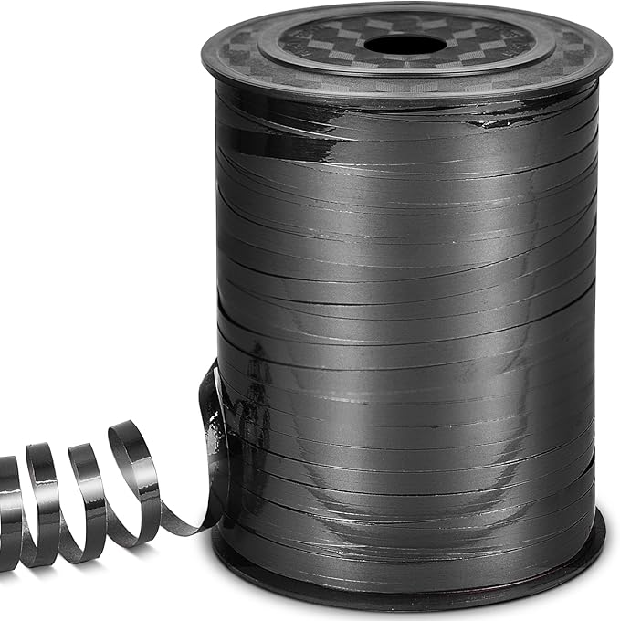 Black Ribbon, 500 Yard Curling Ribbon for Crafts, Shiny Metallic, Iridescent Crimped for Gift Wrapping, Balloons, Florist (1 Roll)