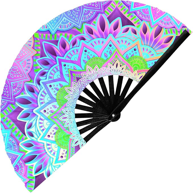 GloFX UV Glow Mandala Rave Handheld Fan - Teal, Pink, Purple & Green Design - Large Folding Fan for Festival Fashion, Essential Rave Accessories for Women, Foldable Hand Fan for Music Festival Outfits